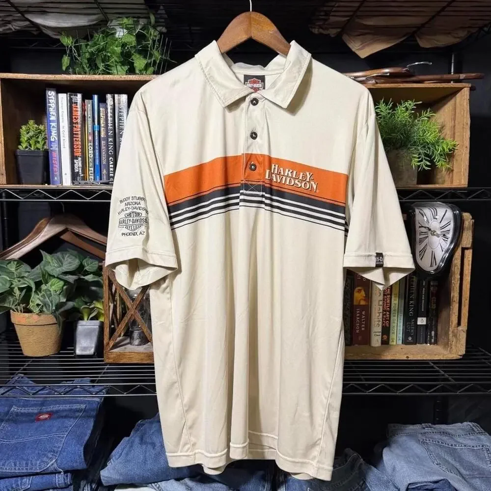 Harley Davidson Athletic Striped Polo Shirt Tan Orange Biker Tee Mens Large